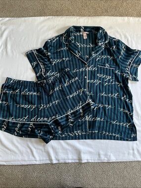 Victoria's Secret Teal & Black Striped 'Sweet Dreams' Satin Pajama Set
